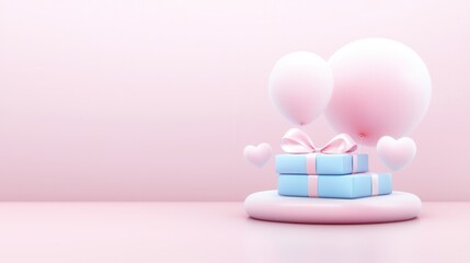 Pastel pink background with an elegant product stand or display surrounded by decorative elements like hearts balloons and gift boxes  This minimalist modern