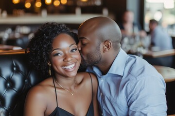 Fototapeta premium Romantic couple enjoying a candlelit dinner at a cozy restaurant. Warm lights, love, and intimacy create the perfect date night atmosphere. Ideal for romance, relationships, and lifestyle concepts