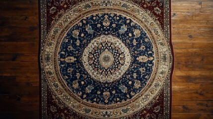Fototapeta premium Circular patterned rug sits upon hardwood floor.