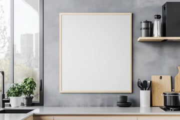 Mockup de moldura vertical em cozinha moderna com utensílios, plantas e decoração minimalista, criado com IA generativa para visualização de arte e design