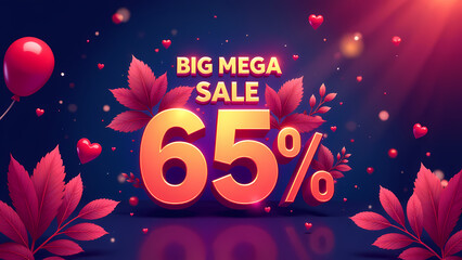 Big sale 65% with red leaves and balloons on dark blue background