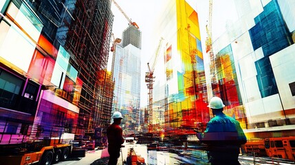 Abstract Construction Site with Workers in Double Exposure Style