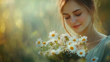 Joyful Young Woman with Wildflower Bouquet: Vibrant Daisies and Poppies Against a Sage Green Backdrop in High-Resolution Fashion Photography - Perfect for Modern Minimalist Aesthetics