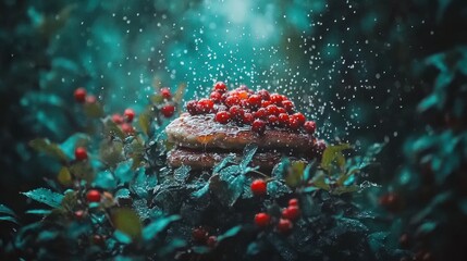 Sprinkled pancakes with cherries, forest setting, magical background, food photography