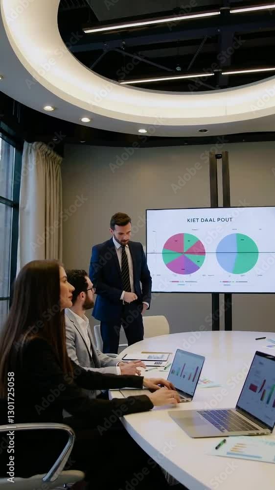 Poster business presentation in modern office with engaged team analyzing data on interactive charts