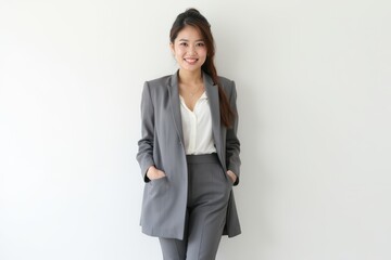 Half-Length (Waist-Up) portrait of young stylish smiling Bruneian female model in business wear isolated on pure white background looking at camera