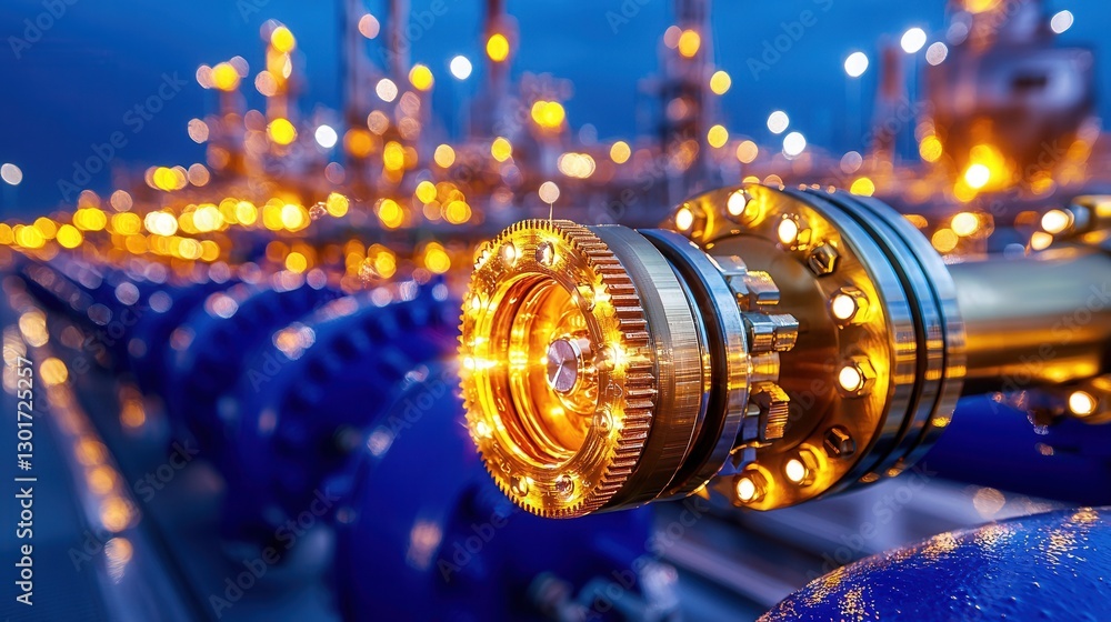 Aufkleber close up view of a complex refinery pipes and valve system against the backdrop of an illuminated ci