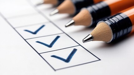 Close-up of pencils and checkmarks on a checklist