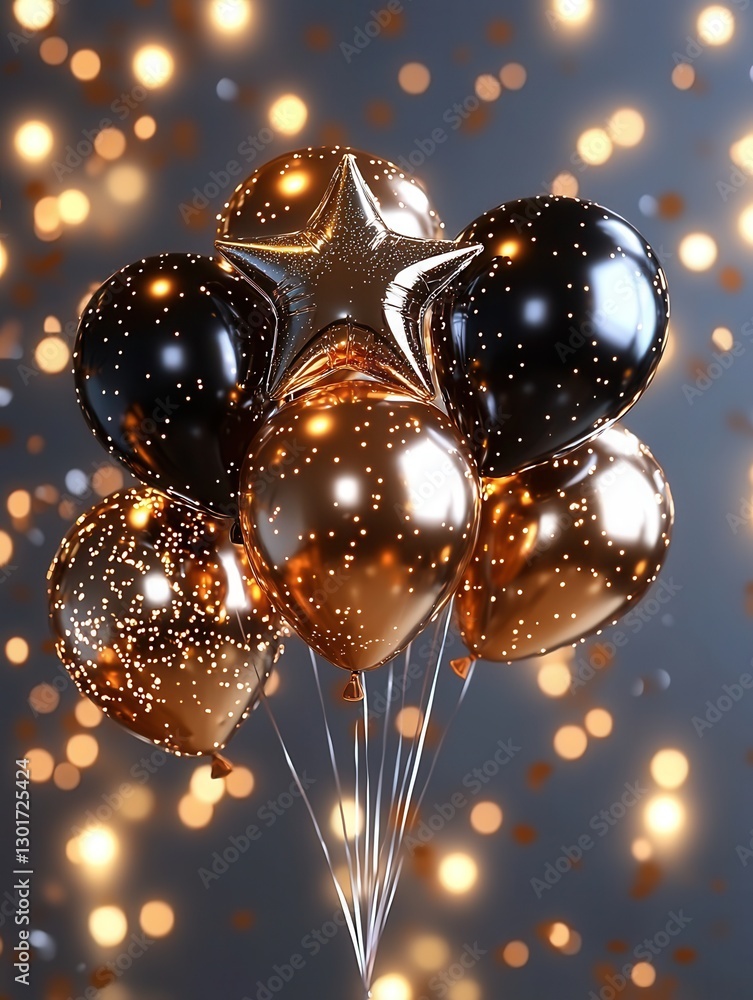 Poster scattered metallic star shaped balloons with a soft luminous glow floating against a dark background