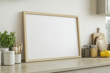 Mockup de moldura vertical em cozinha moderna com utensílios, plantas e decoração minimalista, criado com IA generativa para visualização de arte e design