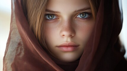 Fototapeta premium Girl, brown scarf, outdoors, portrait, beauty