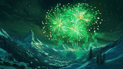 Green fireworks explode over snowy mountain village at night.