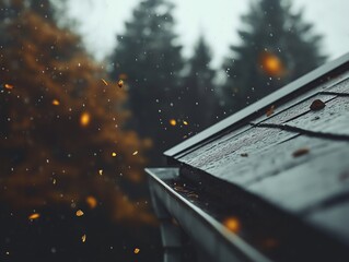 Rainy autumn roof scene with falling leaves and soft focused trees