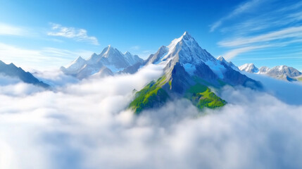 Snow-capped peaks emerge from a sea of fluffy clouds, illuminated by the soft morning light on a clear day. The vibrant greenery complements the breathtaking view of the mountains