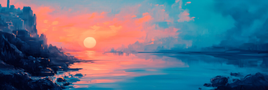 Castle perched on a cliff, overlooking the sea at sunrise or sunset. Creative artistic scene. Fantasy and historical architecture. Traditional and modern art mixed style cover. Generative Ai content