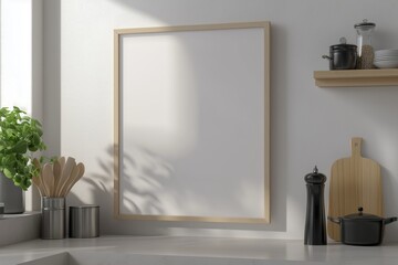 Mockup de moldura vertical em cozinha moderna com utensílios, plantas e decoração minimalista, criado com IA generativa para visualização de arte e design