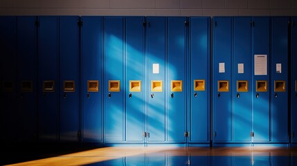 School hallway background with yellow lockers– Modern Educational Interior. School Corridor with Rows of Lockers – Academic Atmosphere. Colorful Lockers in a Long School Hallway – Clean and Organized
