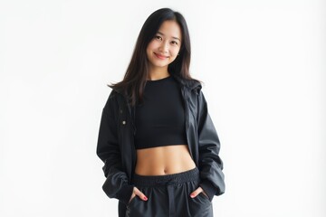 Half-Length (Waist-Up) portrait of young stylish smiling Bruneian female model in cyberpunk wear isolated on pure white background looking at camera