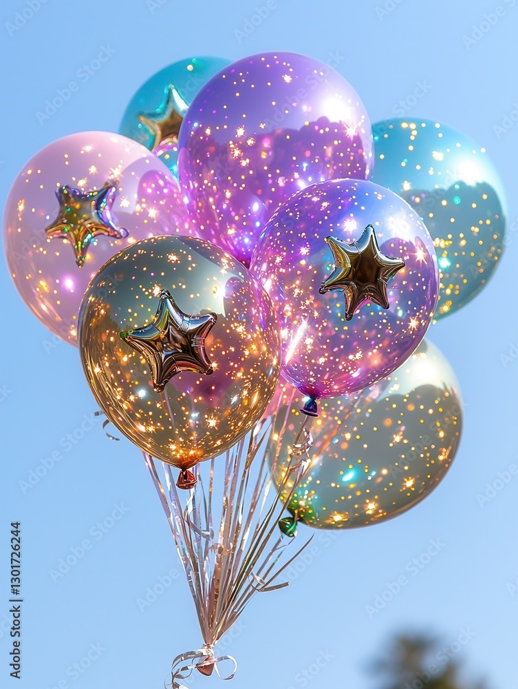 Poster softly glowing multicolored star shaped balloons floating effortlessly in the nighttime sky creating