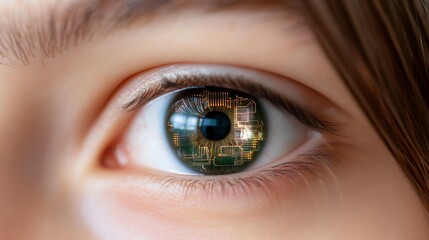 Fototapeta premium Girl's eye reflecting circuit board; future tech