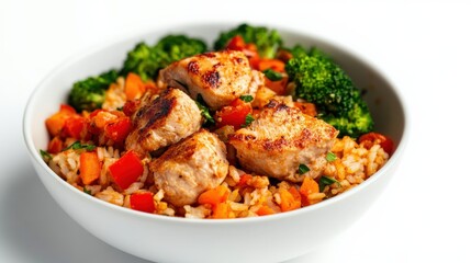Savory grilled chicken and vegetable bowl home kitchen food photography bright and inviting close-up healthy eating concept