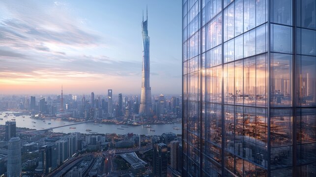 Stunning sunrise cityscape view from modern skyscraper.