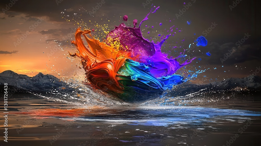 Poster stunning digital painting depicting a dramatic and vibrant explosion of multicolored paint against a