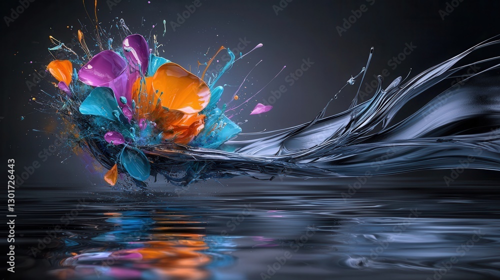 Poster stunning and mesmerizing digital painting depicting an explosive collision of vibrant multicolored p