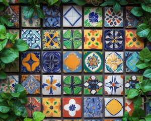 Pattern of multicolored ceramic tiles with various geometric and floral designs, creating a vibrant decorative surface.