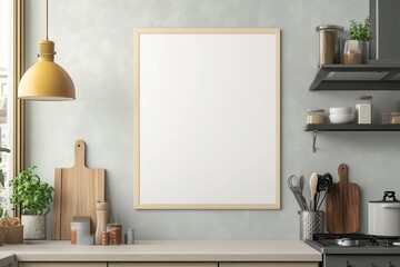 Mockup de moldura vertical em cozinha moderna com utensílios, plantas e decoração minimalista, criado com IA generativa para visualização de arte e design