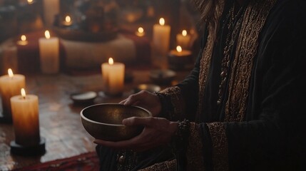 Person Gently Playing Tibetan Singing Bowl in Calm, Spiritual Space