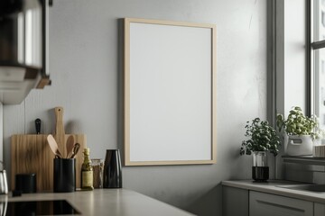 Mockup de moldura vertical em cozinha moderna com utensílios, plantas e decoração minimalista, criado com IA generativa para visualização de arte e design