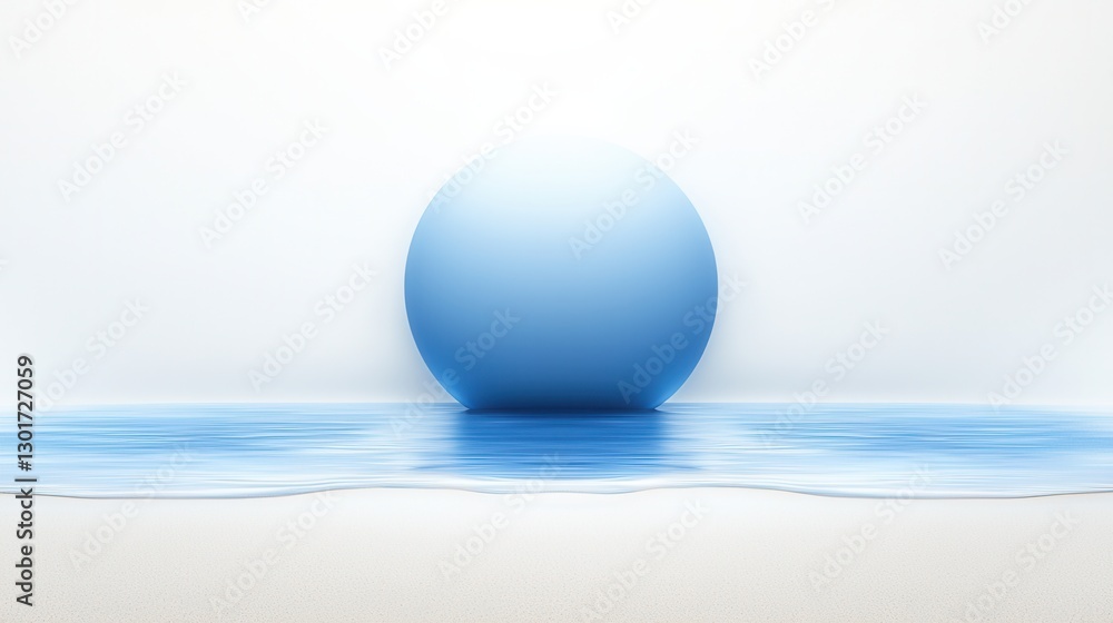 Poster surreal and ethereal image of a glowing blue sphere gently floating and reflecting on the calm tranq