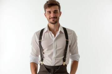 Fototapeta premium Half-Length (Waist-Up) portrait of young stylish smiling Bulgarian male model in costume wear isolated on pure white background looking at camera