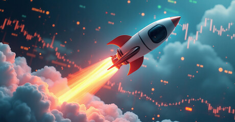 A Rocket Ship Powered by Engines Blasting Off From a Launchpad Made of Stock Charts 