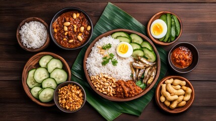 Traditional Malaysian nasi lemak served on a banana leaf with sambal, boiled egg, fried anchovies, peanuts, and cucumber slices in a vibrant arrangement