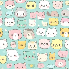 Cute Cartoon Animal Faces in Kawaii Style with Pastel Color Seamless Pattern