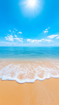 Soft waves ebb and flow on a golden sandy shore, while the sun shines brightly overhead. The clear blue waters stretch to the horizon, creating a serene coastal atmosphere