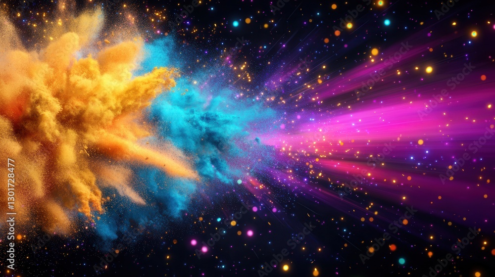 Poster explosive cosmic burst of radiant colored powder with dynamic swirling particles and lights against 
