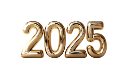 Luxurious 3D render of golden 2025 numbers with a chrome finish on a white background