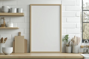 Mockup de moldura vertical em cozinha moderna com utensílios, plantas e decoração minimalista, criado com IA generativa para visualização de arte e design