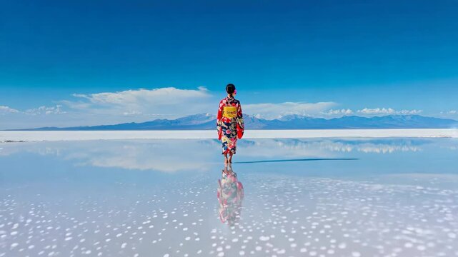 ウユニ塩湖に佇む着物姿の女性：伝統と絶景の調和