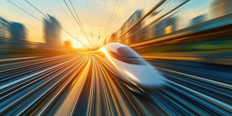 Obraz premium Modern high speed train racing through an urban landscape at sunset, creating dynamic light trails against a vibrant city skyline