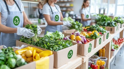 Urban composting site with labeled bins showcasing an eco friendly and sustainable display of fresh organic produce and local goods for a farmer s market or specialty grocery store setting