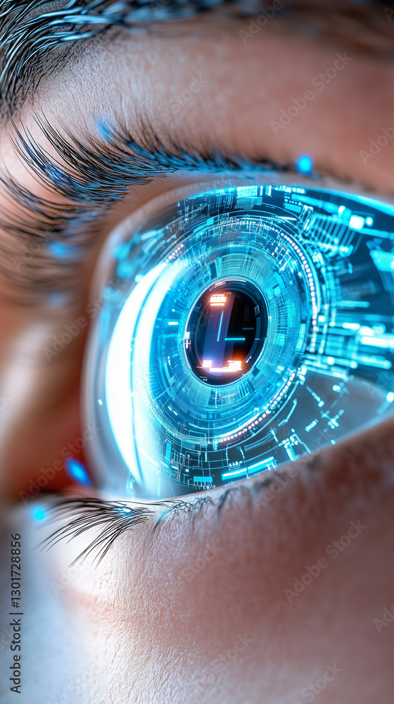 Poster a close-up view of a human eye showcasing intricate digital elements and glowing circuits, illustrat