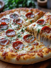 Delicious pepperoni pizza with melted cheese and herbs, served on a wooden table with fresh ingredients