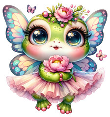 Obraz premium Adorable fairy frog with sparkling butterfly wings, a floral crown, and a pink tutu holding a peony. Perfect for fantasy-themed designs, children's decor, greeting cards, and scrapbooking