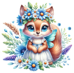 Obraz premium Charming fairy squirrel with delicate wings, a blue floral crown, and a white dress, surrounded by wildflowers. Ideal for children's designs, fantasy art, greeting cards, scrapbooking