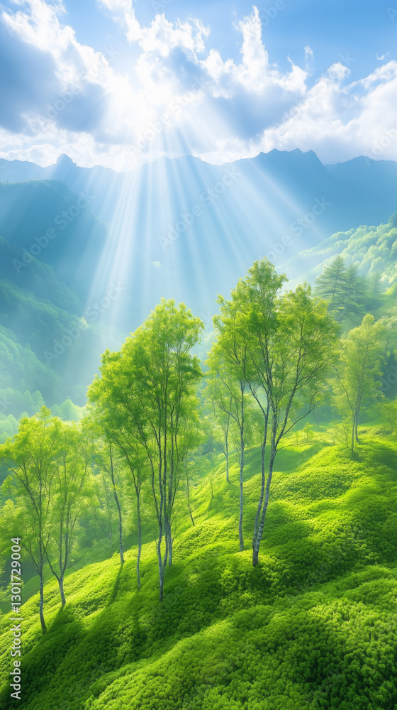 Poster sunlight streams through clouds, illuminating the rolling green hills and tall trees in a serene out