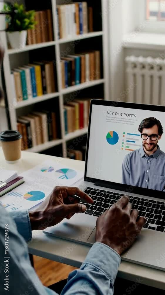 Poster virtual presentation in modern home office setting with charts and statistics display